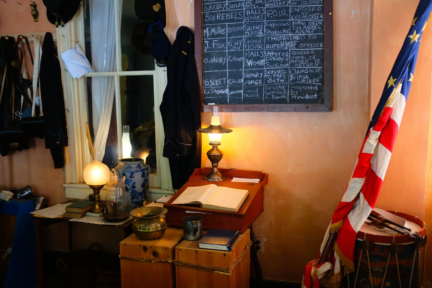 Antique desk and uniforms displayed in a vintage office.